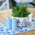 Capri denim salt and pepper grinders styled on blue floral table runner with planter, Hamptons coastal table setting