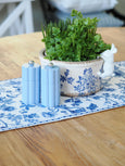 Capri denim salt and pepper grinders styled on blue floral table runner with planter, Hamptons coastal table setting