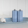 Capri denim salt and pepper grinders styled on tray with shell decor, Hamptons style kitchen styling detail