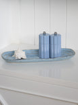 Capri denim salt and pepper grinders styled on tray with shell decor, Hamptons style kitchen styling detail