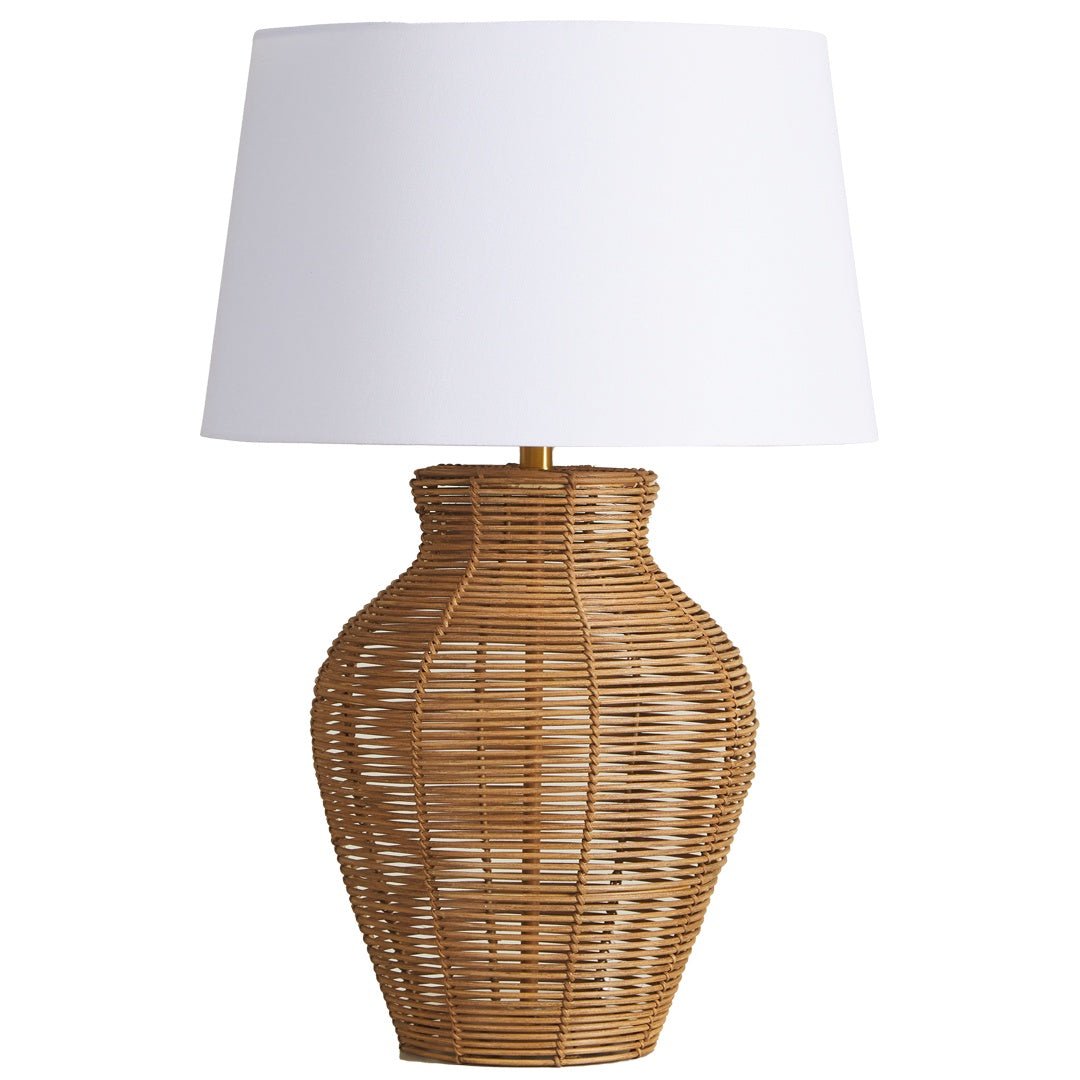 Casa Lamp with handwoven rattan base styled in a modern coastal interior
