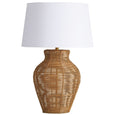 Casa Lamp with handwoven rattan base styled in a modern coastal interior
