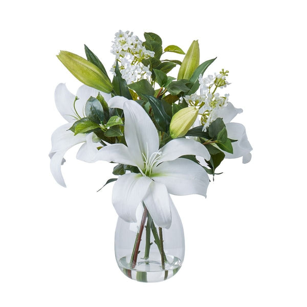 White Casablanca lily artificial arrangement in clear glass Nara vase with greenery