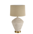 Caufield white sandstone table lamp with linen shade styled on bedside table in coastal bedroom
