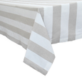 Chambray Natural Stripe cotton tablecloth with neutral coastal stripes draped over dining table