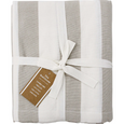 Folded Chambray Natural Stripe cotton tablecloth with woven neutral stripe design and ribbon packaging