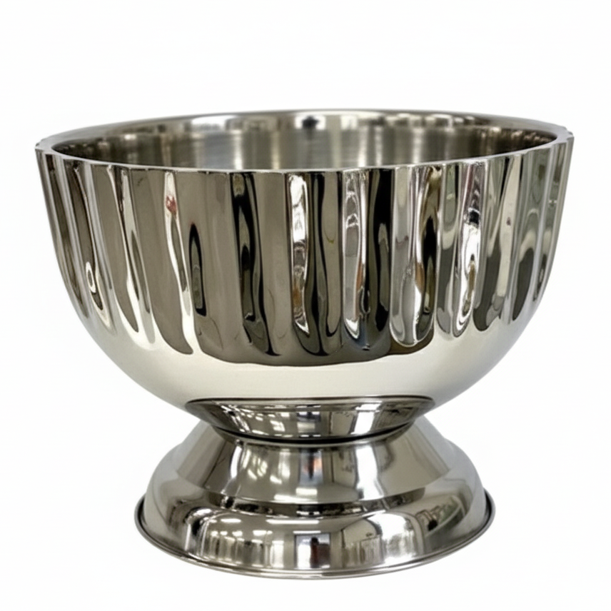 Polished stainless steel footed champagne bucket with fluted detailing, filled with champagne bottles — elegant design for stylish entertaining.