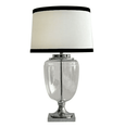 Charlotte glass and nickel table lamp with white linen shade and black trim in Hamptons style interior
