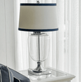 coastal Hamptons bedside styling with Charlotte glass lamp creating soft ambient lighting
