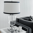 close-up of Charlotte lamp white linen shade with navy trim detail