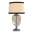 Close-up of clear glass base and nickel detailing on Charlotte table lamp