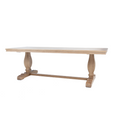 Angled view of Charlotte Natural Oak 240cm parquetry dining table showing long trestle base and pedestal legs.