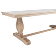 Close-up of Charlotte dining table showing sculpted natural oak pedestal leg, stepped foot and central stretcher.