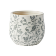 Grey and white porcelain planter pot with French-inspired floral chinoiserie pattern and crackle glaze finish