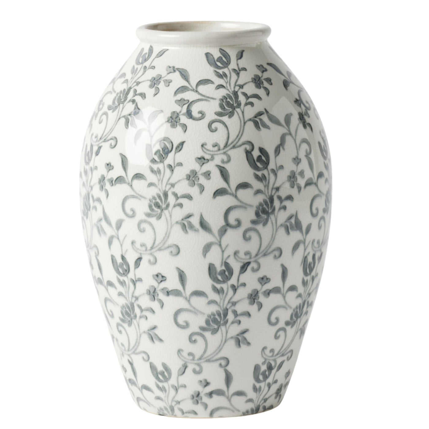 Tall grey and white porcelain vase with French-inspired floral chinoiserie pattern and crackle glaze finish