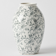 Tall grey and white porcelain vase with French-inspired floral chinoiserie pattern and crackle glaze finish