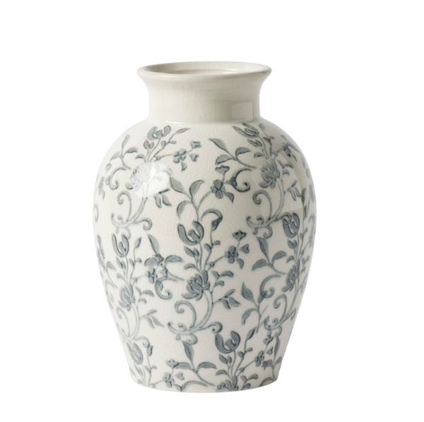 Grey and white porcelain vase with floral chinoiserie pattern and classic French-inspired silhouette