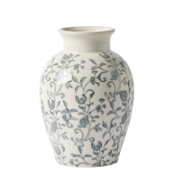 Grey and white porcelain vase with floral chinoiserie pattern and classic French-inspired silhouette
