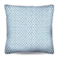 Chicken Cadet blue cushion with fine vertical stripe pattern and button detail in soft blue and white tones