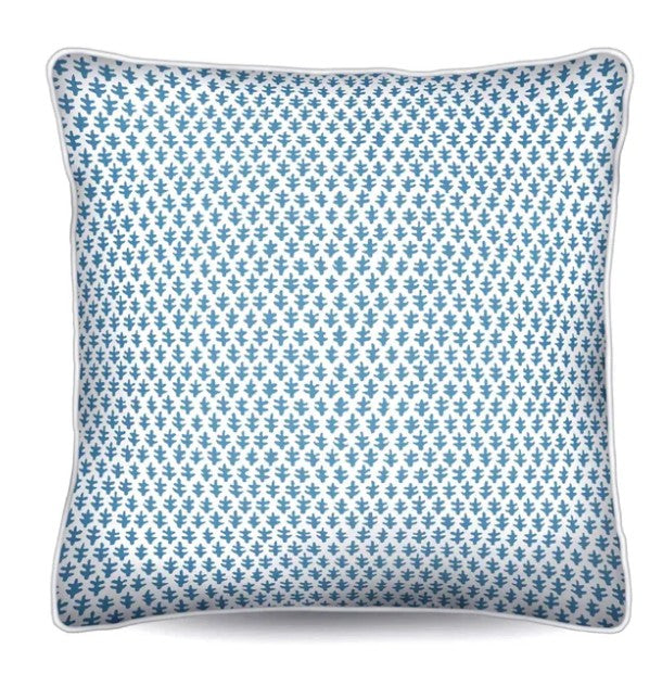 Chicken Cadet blue cushion with fine vertical stripe pattern and button detail in soft blue and white tones