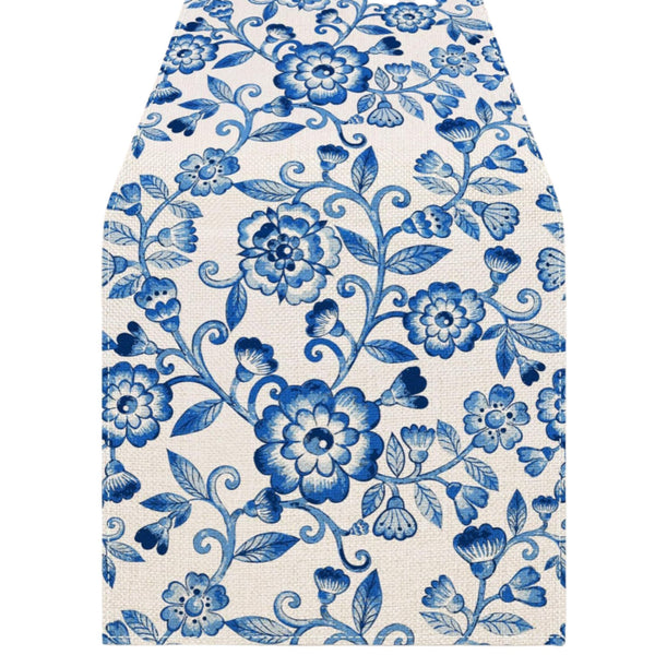 Chinoiserie Garden blue and white floral cotton table runner 40 x 180cm styled on timber dining table