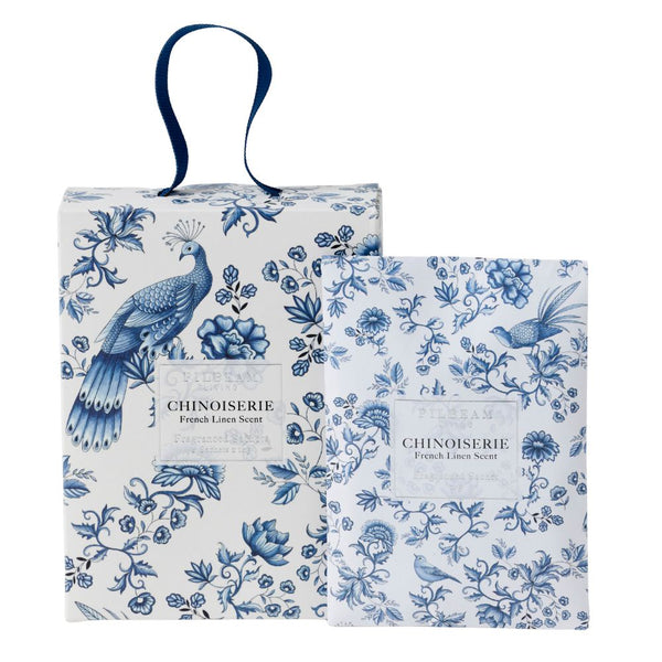 Set of four blue and white Chinoiserie scented mini sachets, French Linen fragrance, for wardrobes, drawers, or home use.