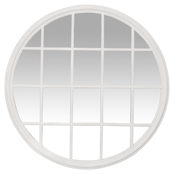 Chloe White Paned Round Mirror featuring a classic windowpane design, matt white frame, and large round silhouette for Hamptons and coastal interiors.