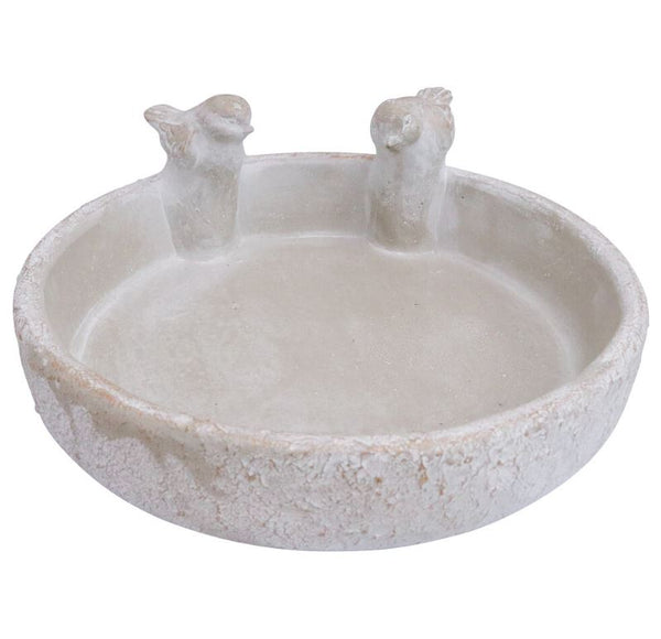 Classic Bird/Tap Bowl made from cement with a raw stone finish, featuring two perched bird details, 26x26x10.5cm garden decor.