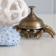 Decorative gold crab bell displayed with coastal accessories including coral sculpture and blue sea urchin décor in a Hamptons interior