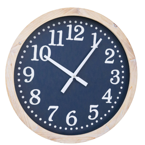 Clock Manhattan 60cm navy blue wall clock with white numerals and natural timber-look frame