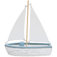 Coastal Breeze Sailing Boat Ornament featuring distressed white timber, soft blue trim and white fabric sails for Hamptons and coastal home décor.