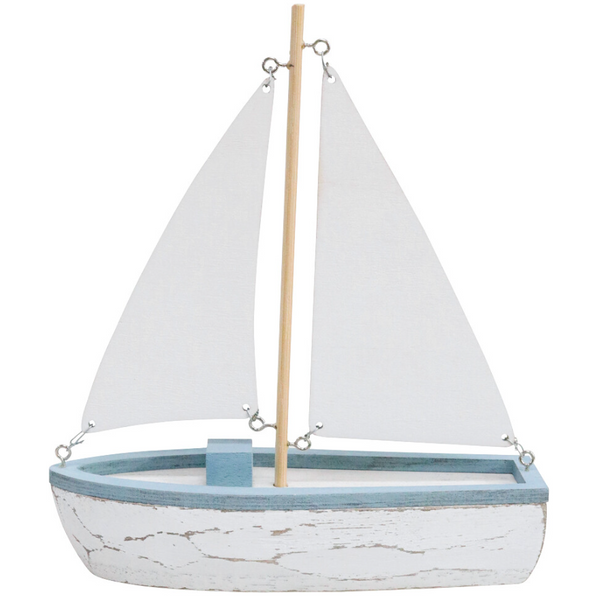 Coastal Breeze Sailing Boat Ornament featuring distressed white timber, soft blue trim and white fabric sails for Hamptons and coastal home décor.