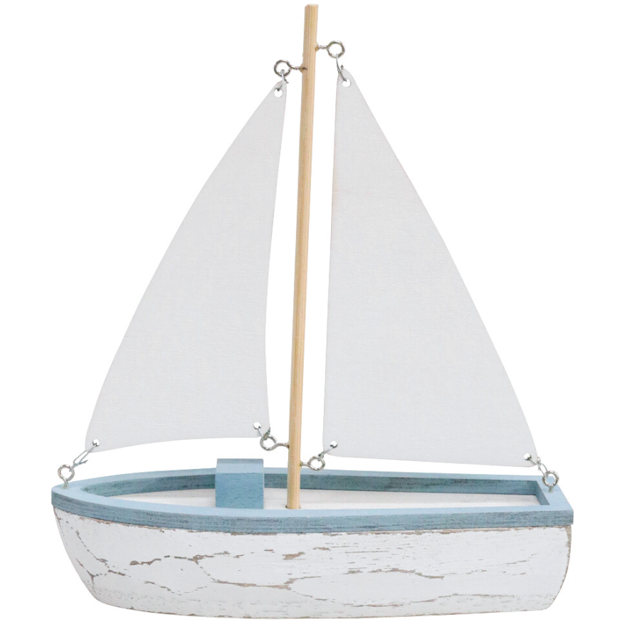 Coastal Breeze Sailing Boat Ornament featuring distressed white timber, soft blue trim and white fabric sails for Hamptons and coastal home décor.