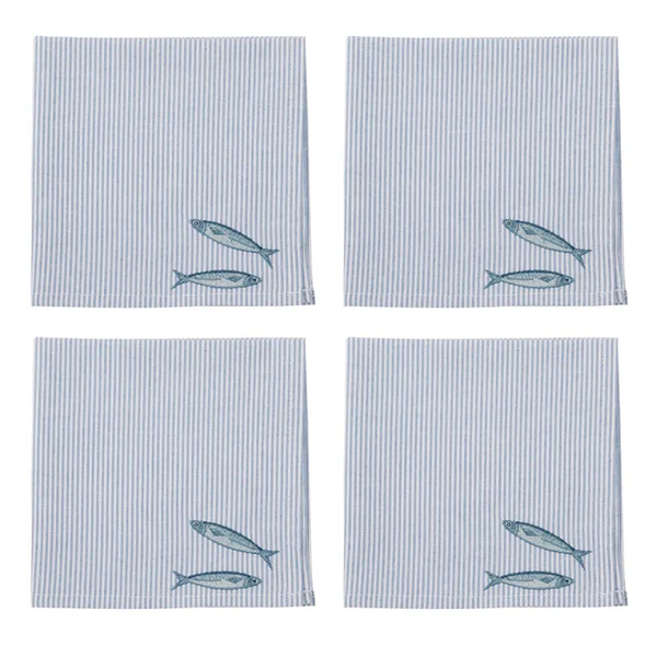 Set of four blue and white striped cotton napkins featuring embroidered coastal fish motifs, perfect for Hamptons-style dining and entertaining.