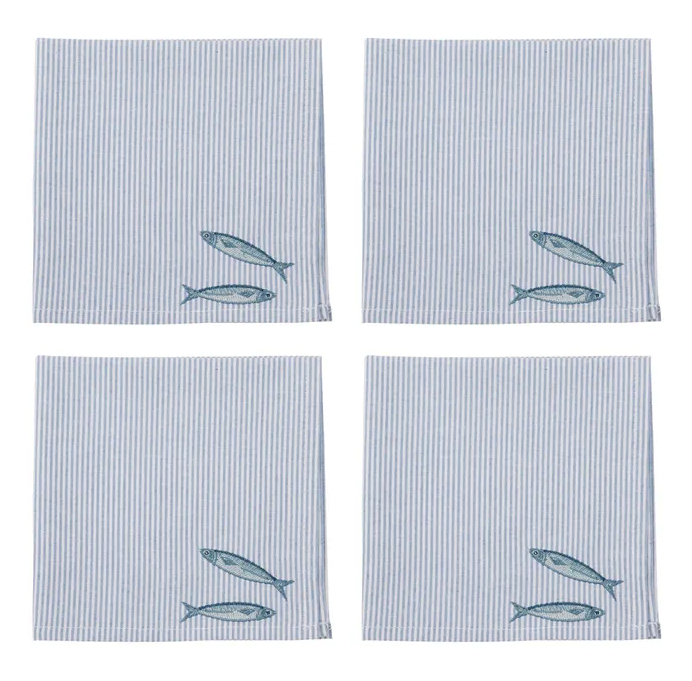 Set of four blue and white striped cotton napkins featuring embroidered coastal fish motifs, perfect for Hamptons-style dining and entertaining.