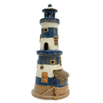 Coastal Lighthouse Tealight Holder 25cm in navy blue and creamy white with nautical stripes and cut-out windows.