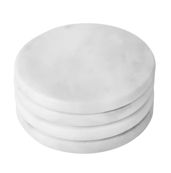 White marble coasters set of 4 with smooth round design in coastal style