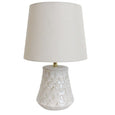 Coastal Pearl ceramic table lamp with soft fabric shade styled in a coastal bedroom interior