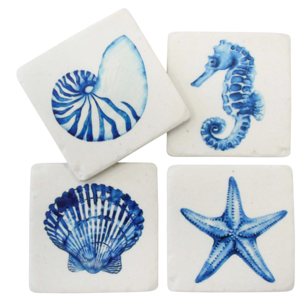 Coastal Shell Coasters Set of 4 in blue and white with nautilus shell, seahorse, scallop shell and starfish designs