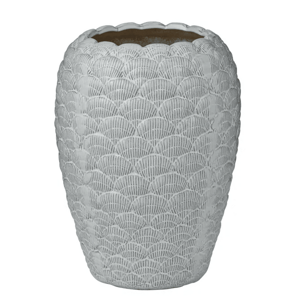 Cockle Ceramic Vase White featuring an intricate shell-inspired textured ceramic design in a coastal white finish