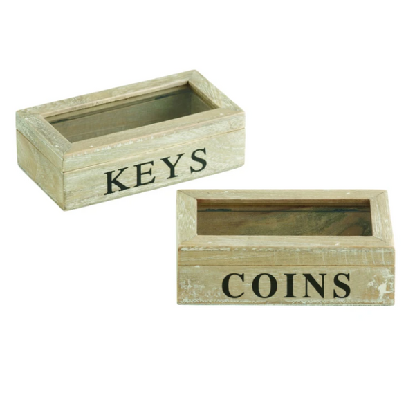 Wooden coin and key box holder set with hinged lids and labelled “Keys” and “Coins” in a natural coastal finish