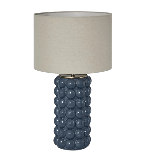 Condetti blue ceramic table lamp with linen shade styled in a Hamptons-inspired interior
