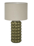 Condetti green ceramic table lamp with textured sculptural base and linen shade styled in a coastal living room
