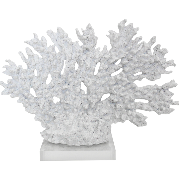 White coral branch sculpture on a clear acrylic base for Hamptons, coastal and contemporary home styling.