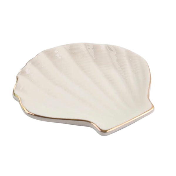 Hamptons Style Cove Shell Trinket Dish in white ceramic with fine gold trim, shaped like a coastal seashell