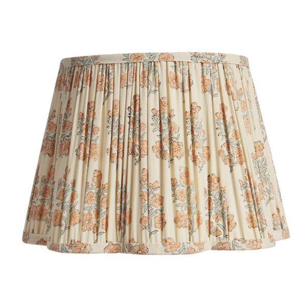 Pleated scalloped lampshade in natural cotton with peach and seafoam floral print