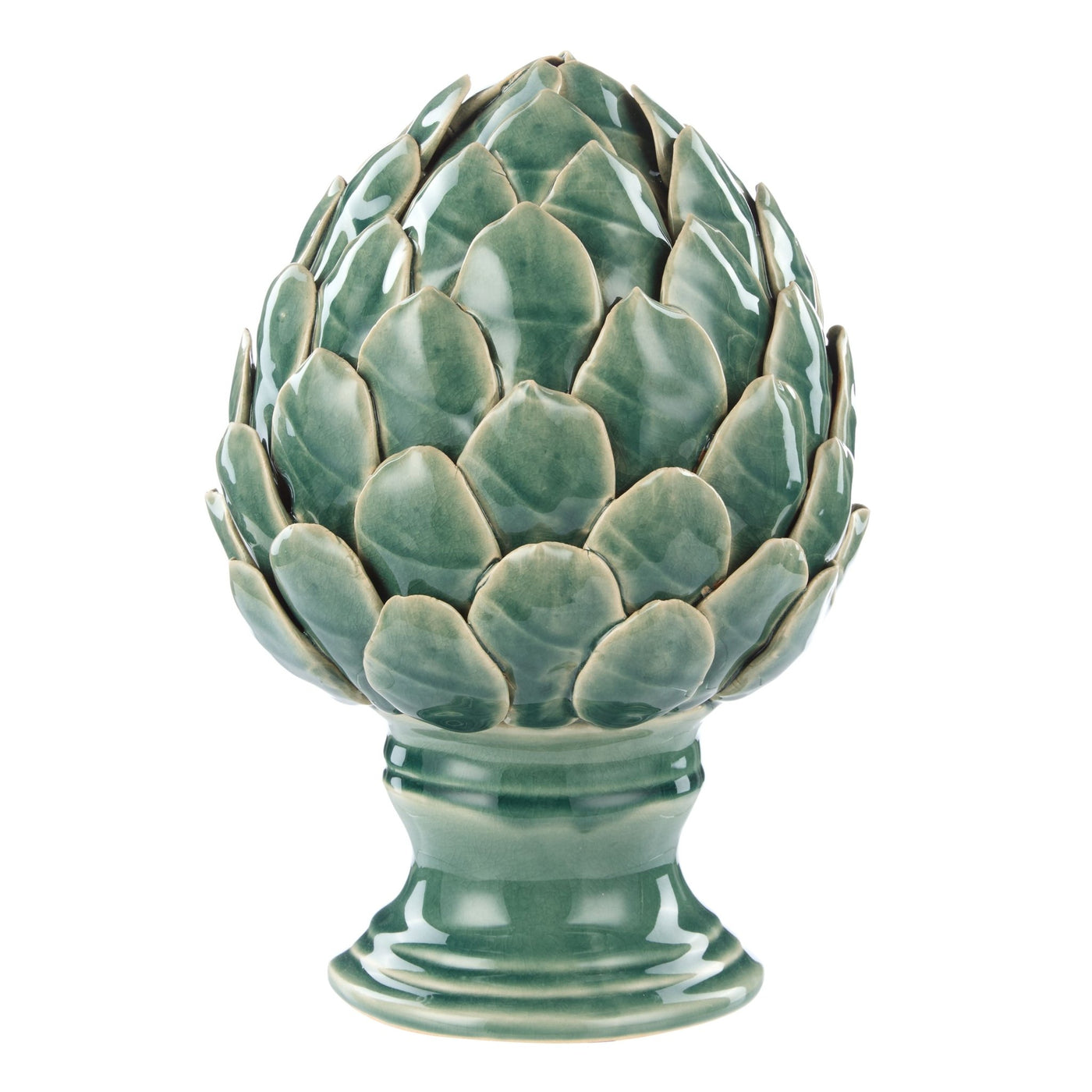 Large green ceramic artichoke sculpture with layered botanical detailing