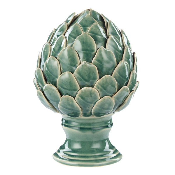 Large green ceramic artichoke sculpture with layered botanical detailing