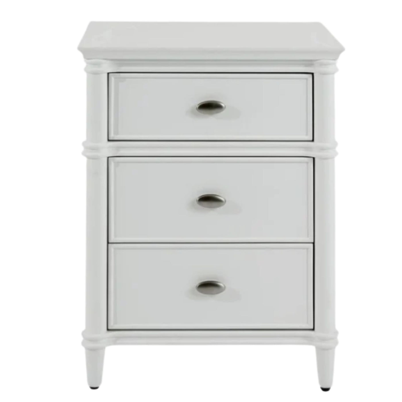 Dakota Bedside Table 3 Drawer White with three storage drawers, silver-toned handles and classic moulded detailing.