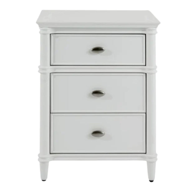 Dakota Bedside Table 3 Drawer White with three storage drawers, silver-toned handles and classic moulded detailing.